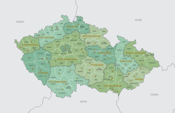 Detailed map of the Czech Republic with administrative divisions into regions (kraj) and districts, capital, large and regional cities of the country, vector Illustration on a white background Detailed map of the Czech Republic with administrative divisions into regions (kraj) and districts, capital, large and regional cities of the country, vector Illustration on a white background central european time stock illustrations