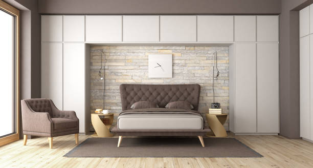 istock Modern bedroom with double bed and wardrobe 1357096123