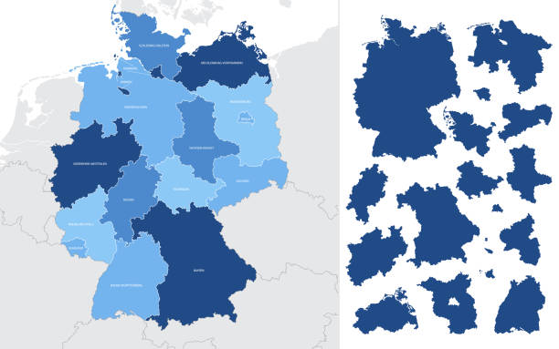 ilustraciones, imágenes clip art, dibujos animados e iconos de stock de mapa azul vectorial detallado de alemania con divisiones administrativas en tierras y regiones del país - nordrhein westfalen flag