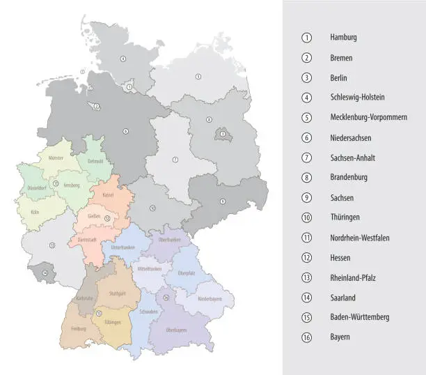 Vector illustration of Detailed, vector map of Federal states of Germany with administrative districts