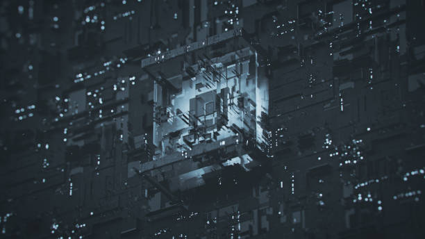 istock Futuristic gray micro chip in fog 3D rendering illustration 1357101611
