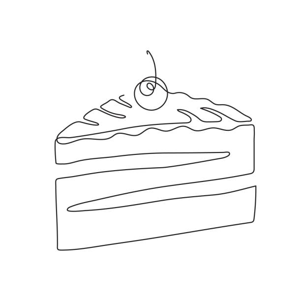 кусок торта с вишней, одна линия искусства, нарисованный вручную непрерывный контур. вкусная аппетитная выпечка, один ломтик. украшение, эм� - one slice stock illustrations