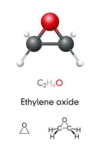 Ethylene oxide, C2H4O, molecule model and chemical formula. Also known as oxirane, is a carcinogenic, mutagenic organic compound. A surface disinfectant in hospitals and in medical equipment industry.