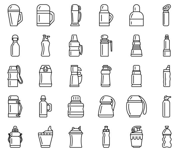 Thermos for hot food and drink. A thermocup, a bottle retains heat. For camping, tourism, travel. Set of vector icons, offline, isolated Thermos for hot food and drink. A thermocup, a bottle retains heat. For camping, tourism, travel. Set of vector icons, offline, isolated hipflask stock illustrations