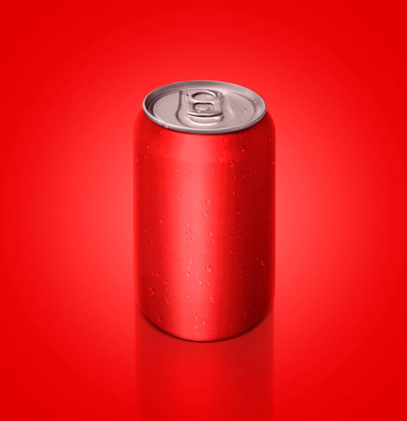 istock Aluminum red soda can on red background For design 1357105420