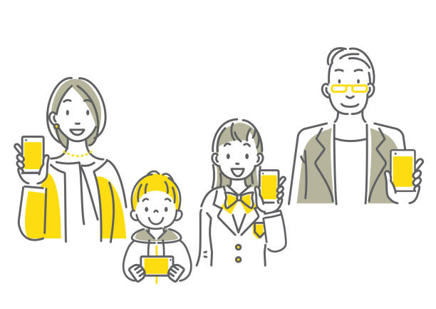 ilustraciones, imágenes clip art, dibujos animados e iconos de stock de familia feliz de 4 personas con ilustración de teléfono inteligente - four people illustrations