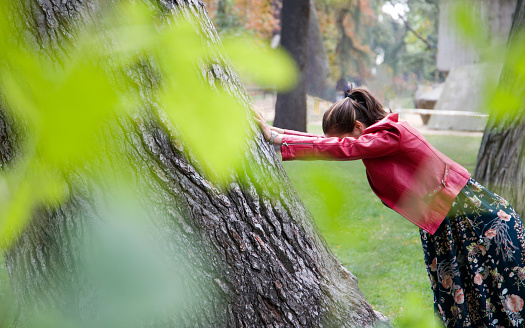 Woman supporting hands behind a tree playing hide and seek