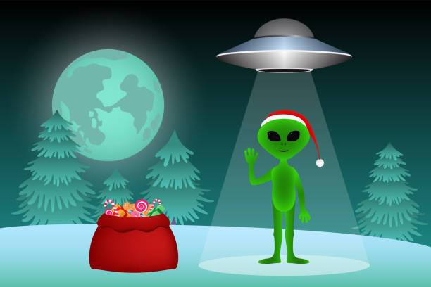 istock Flying saucer and alien with bag of Christmas presents. Vector illustration 1357112201