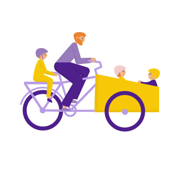 mann fährt lastenrad mit kindern. vater trägt drei kinder in bakfiets fahrrad. flache vektorillustration - lastenrad stock-grafiken, -clipart, -cartoons und -symbole