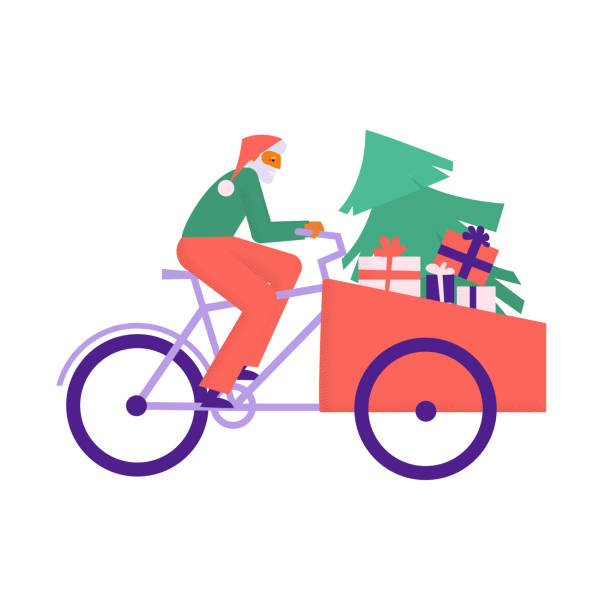 illustrations, cliparts, dessins animés et icônes de homme âgé au chapeau rouge conduisant un vélo cargo avec des cadeaux de noël et un arbre. vieil homme sur des bakfiets avec des cadeaux et un arbre de noël dedans. illustration vectorielle plate - père noel à vélo