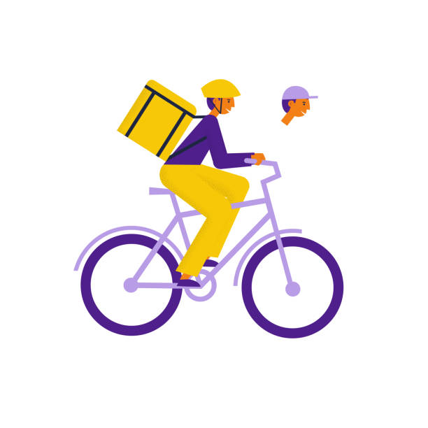 basic rgbman kurier auf einem fahrrad mit paketkasten auf der rückseite. fahrradzusteller trägt paket. ökologischer stadtverkehr. zwei varianten helm und mütze. flache vektorillustration - supermarket fast food fast food restaurant people stock-grafiken, -clipart, -cartoons und -symbole