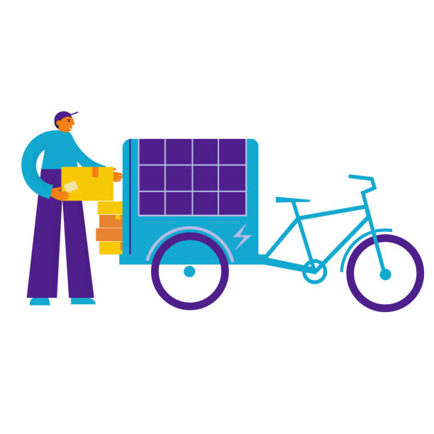 mann kurier steht in der nähe von elektrischem lastenrad mit sonnenkollektor auf einem wagen. nutzen sie grüne solarenergie. fahrradzusteller trägt paket. ökologischer stadtverkehr. flache vektorillustration - lastenrad stock-grafiken, -clipart, -cartoons und -symbole