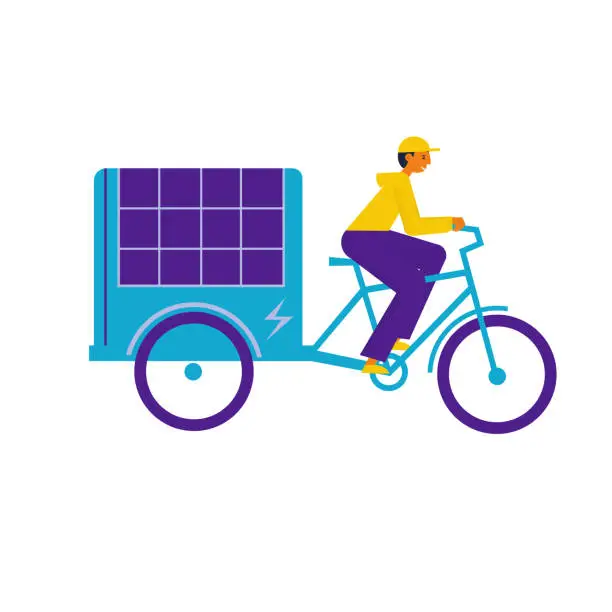 Vector illustration of Courier delivery on electric cargo bike with solar panel vector illustration