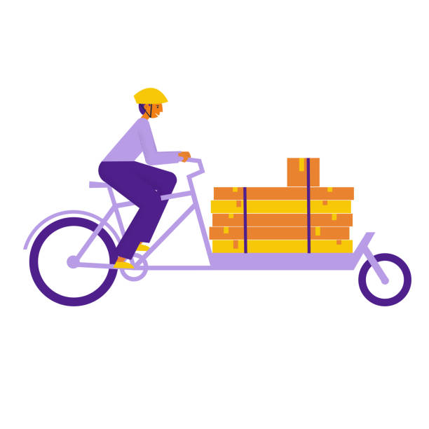 mann kurier auf einem cargo long john bike mit großen schweren langen boxen. fahrradzusteller trägt paket. ökologischer stadtverkehr. flache vektorillustration - lastenrad stock-grafiken, -clipart, -cartoons und -symbole