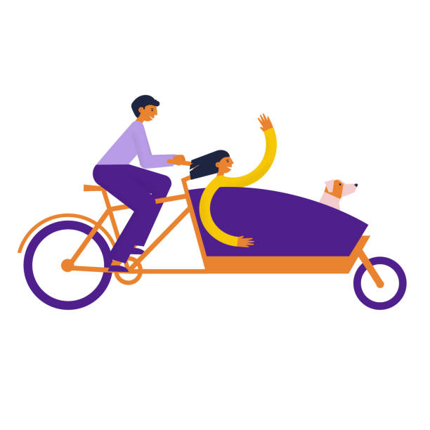 glückliches junges paar fährt langes john-bike mit einem hund. guy trägt ein glückliches mädchen im lastenfahrrad-fahrrad. backfiets-zyklus. flache vektorillustration - lastenrad stock-grafiken, -clipart, -cartoons und -symbole