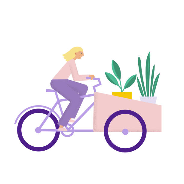 frau, die lastenrad-bakfiets mit pflanzen fährt. ein mädchen transportiert ihre pflanzen in töpfen auf bakfiets fahrrad. flache vektorillustration - lastenrad stock-grafiken, -clipart, -cartoons und -symbole