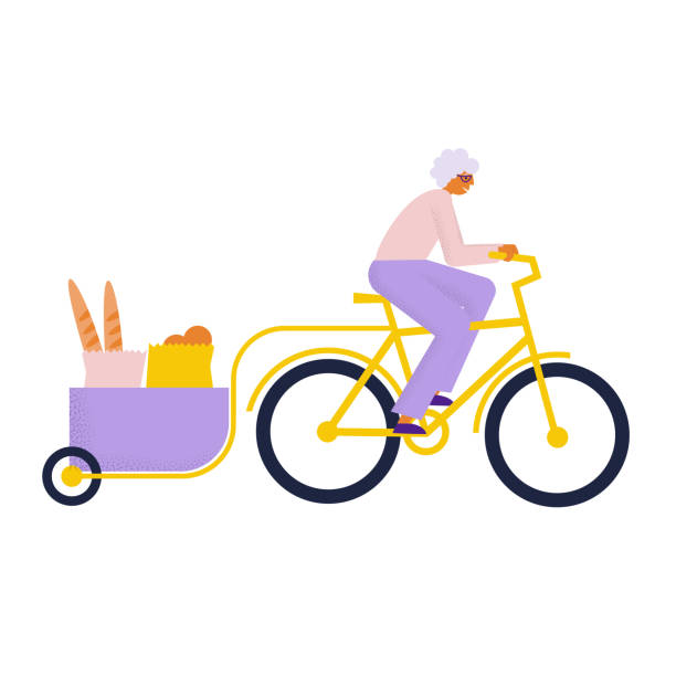 ältere frau, die lastenrad mit gütern fährt. großmutter macht einkäufe mit wagen fahrrad. flache vektorillustration - lastenrad stock-grafiken, -clipart, -cartoons und -symbole