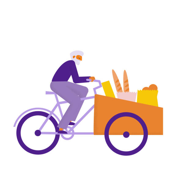 älterer mann, der lastenrad mit gütern fährt. großvater macht einkäufe mit bakfiets fahrrad. flache vektorillustration - lastenrad stock-grafiken, -clipart, -cartoons und -symbole