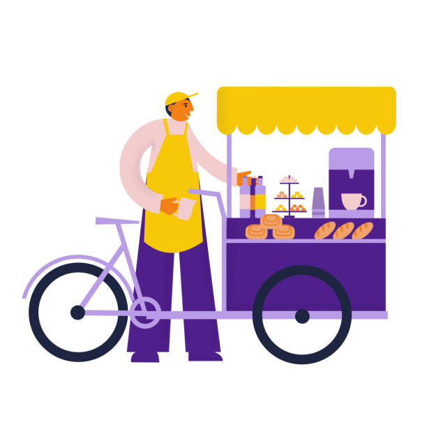 mann barista verkauft kaffee, snacks, street food, bäckerei, süßigkeiten vom fahrrad. steht in der nähe des verkaufsfahrrads. flache vektorillustration - lastenrad stock-grafiken, -clipart, -cartoons und -symbole