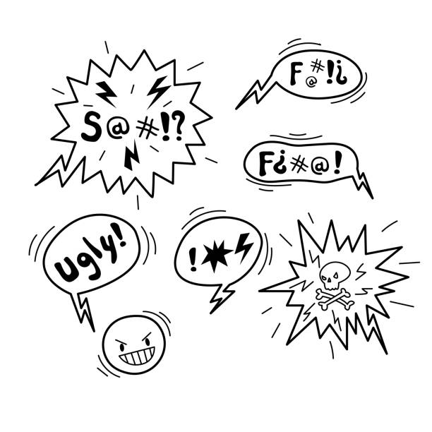 Doodle hand drawn speech bubble with swear words symbols.  Comic speech bubble with curses, skull, bones, lightning. Angry smile face emoji. Vector illustration isolated on white. Doodle hand drawn speech bubble with swear words symbols.  Comic speech bubble with curses, skull, bones, lightning. Angry smile face emoji. Vector illustration isolated on white. curse stock illustrations
