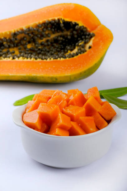 istock Papaya orange fresh on white dish and papaya slice. Space for text 1357115555
