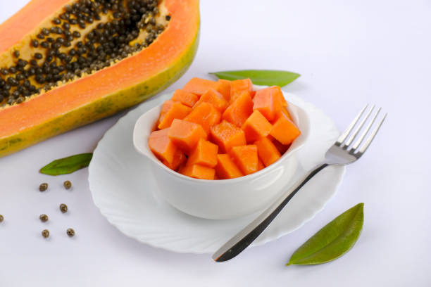 istock Papaya orange fresh on white dish and papaya slice. Space for text 1357116244