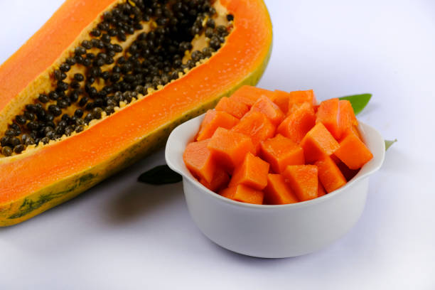 istock Papaya orange fresh on white dish and papaya slice. Space for text 1357116245