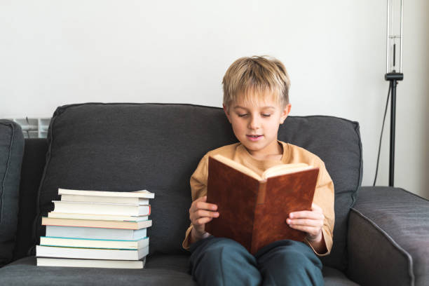 istock Cute schoolboy reading book on sofa 1357123081