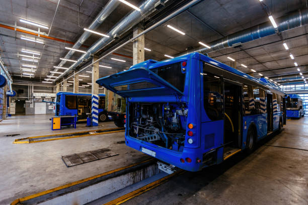 Buses in the modern repair service workshop.