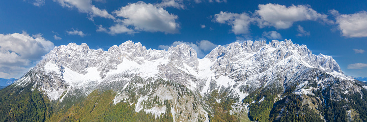 The panorama of Grand Jorasses Mont Blanc massif and Les Aiguilles towers.