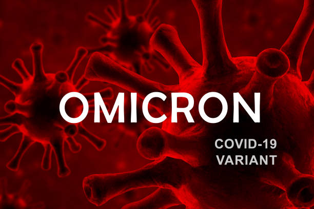 istock Omicron COVID-19 variant poster, dark banner with coronavirus germs 1357131905