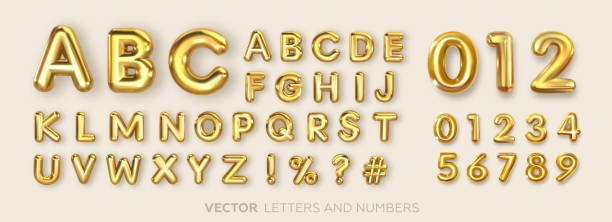 Set of gold isolated alphabet letters and numbers. Set of gold isolated alphabet letters and numbers. Gold yellow metallic letter. Alphabetical font. Foil symbol. Bright metallic 3D, realistic vector illustration balloons stock illustrations