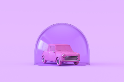 3d render, Car insurance protection with glass dome, lilac background.