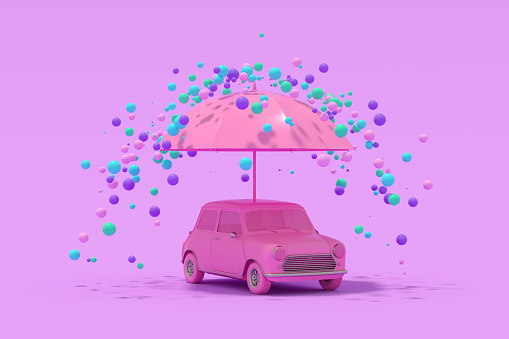 3d render, Car insurance protection with umbrella, lilac background.