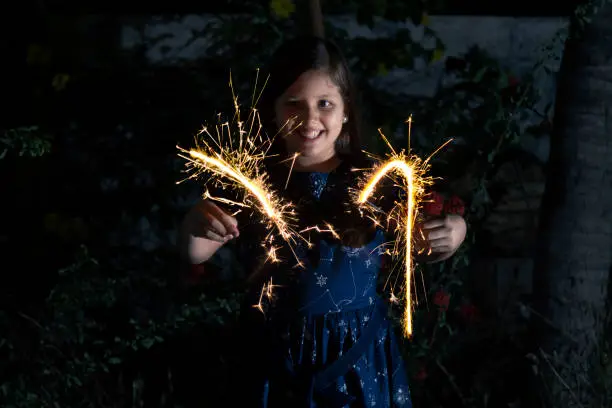 Photo of Young latin little girl outside celebrating New year's or Christmas Holidays playing with sparkles fireworks at Ecuador, Latin America.

Ecuador Popular Traditions at new year's eve.