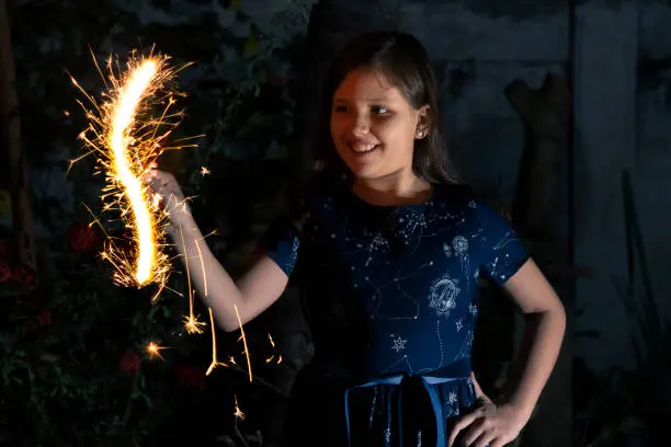 Photo of Young latin little girl outside celebrating New year's or Christmas Holidays playing with sparkles fireworks at Ecuador, Latin America.

Ecuador Popular Traditions at new year's eve.