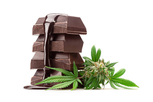 Stack of Dark Chocolate Baking Bar Pieces Covered in Melted Chocolate with Medical Marijuana Bud Isolated on White Background A stack of dark chocolate baking bar pieces covered in melted chocolate or chocolate sauce with a medical marijuana bud on the side. The chocolate is infused with cannabinoids from cannabis, making it an edible that can be used for pain relief, anxiety or other health conditions. bud candy stock pictures, royalty-free photos & images