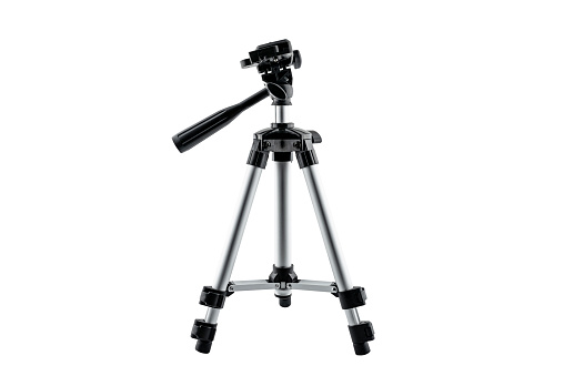 Aluminum photographic tripod with adjustable head, isolated on white background with a clipping path.