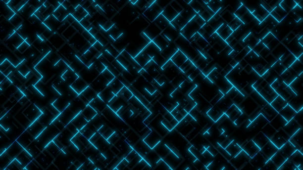 istock Abstract neon glow lines, stripes and dots runn on grid. Futuristic tech background 1357138183