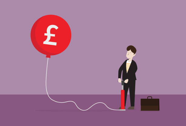 ilustrações de stock, clip art, desenhos animados e ícones de businessman inflates a uk pound symbol balloon with a bicycle pump - british currency pound symbol finance recovery