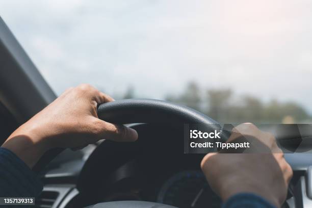 Man Driving Car Stock Photo - Download Image Now - Steering Wheel, Car, Rear View