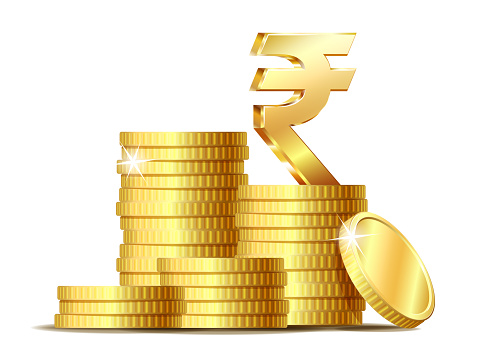 Stack of coins with Shiny golden Indian Rupee currency symbol. Vector illustration isolated on white background.