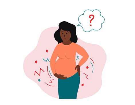 Childbirth contractions. Pregnant frightened african american woman suffering from labor pains. Real or false contractions? Travail pangs. Vector illustration.