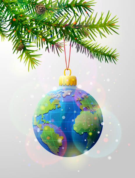 ilustraciones, imágenes clip art, dibujos animados e iconos de stock de rama de árbol de navidad con adorno decorativo de globo terráqueo - turismo vacaciones