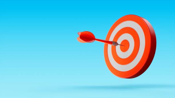 istock 3D Rendering Red Dart aim to Dartboard target Isolated on blue Background 1357147412