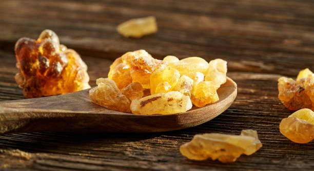 frankincense resin crystals on a wooden spoon - tree resin imagens e fotografias de stock