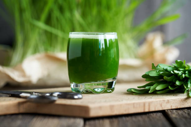 ein glas gerstengrassaft - barley grass juice green stock-fotos und bilder