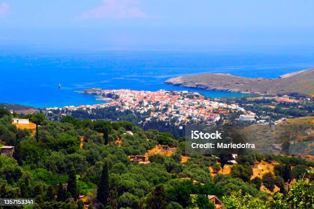 In The Cyclades In The Heart Of The Aegean Sea Panoramic Aerial View Of The City Of Chora The Largest City And Capital Of The Island Of Andros Stock Photo - Download Image Now