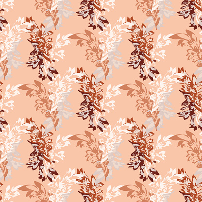 Acanthus leaf vector seamless pattern background. Modern take on arts and crafts style hand drawn leaves backdrop. Elegant botanical design in hues of pink. Diagonal grid effect repeat. For wellness.