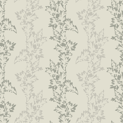 Acanthus leaf striped vector seamless pattern background. Vertical rows of stencil style hand drawn leaves in hues of sage green. Pastel elegant botanical backdrop. Stripe effect repeat. For wellness.